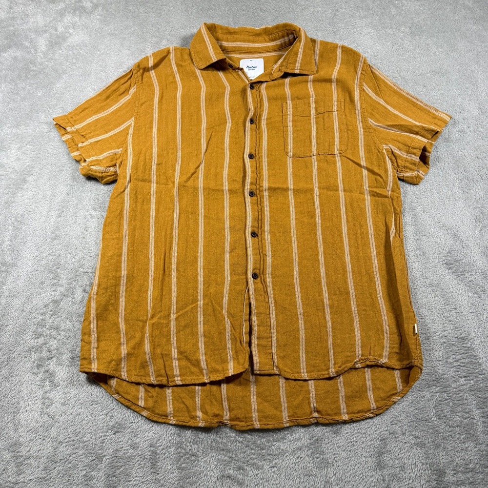 Katin Alan Shirt Men Medium Mustard Yellow Button Up Striped Cotton Linen Blend